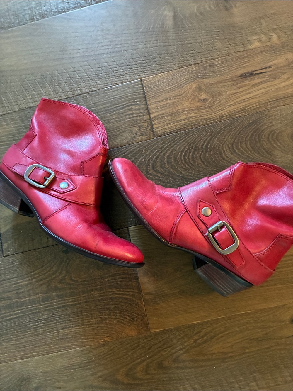 Franco Sarto Artist collection Red Leather Ankle Booties with Buckle Accent